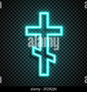 Shining neon cyan Orthodox cross isolated on transparent background. Riligious symbol. Glowing Saint cross. Easter and Christmas sign. Vector illustra Stock Vector