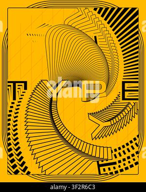 Trippy optical illusion poster yellow black geometric symmetrical perspective steps wall art print modern abstract visual illustration artwork Stock Vector