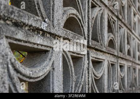 Closeup of decorative concrete breeze block wall with geometric pattern showing rough cement texture for architecture construction background and desi Stock Photo