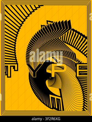 Psychedelic futuristic abstract text poster yellow black motion art wall art modern sci fi lettering graphic design canvas print room artwork Stock Vector