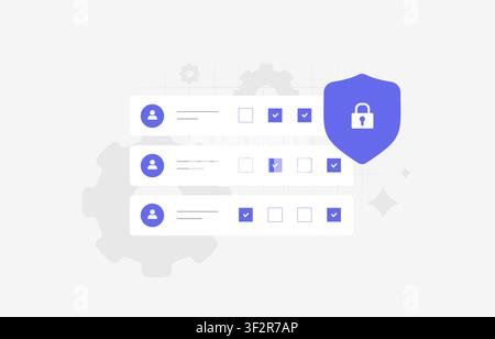 Permission management with user access control, role assignment, security settings and authorization policies for secure identity governance. Flat design vector illustration. Stock Vector