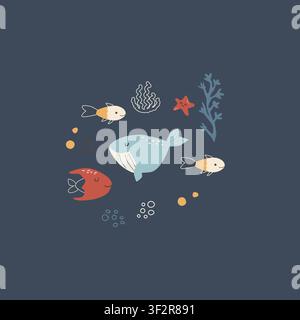 Cute whale and tropical fish composition. Kids print with sea animals and creatures. Cartoon doodle vector illustration isolated on dark background. Stock Vector