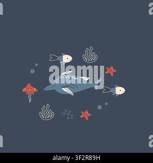 Cute narwhal and jellyfish, starfish and tropical fish doodle composition. Kids print with sea animals and creatures. Cartoon doodle vector illustration isolated on dark background. Stock Vector