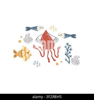 Cute jellyfish and tropical fish composition. Kids print with sea animals and creatures. Cartoon doodle vector illustration isolated on transparent background. Stock Vector