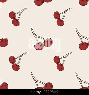 Outline doodle cherry pattern on white background. Cherry berry linear sketch vector illustration. Summer vintage texture with cherry. Stock Vector