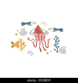 Cute jellyfish and tropical on white background. Kids print with sea animals and creatures. Cartoon doodle vector illustration isolated on transparent background. Stock Vector