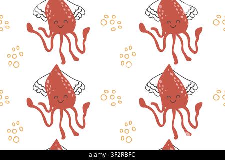 Cute tropical jellyfish simple seamless pattern in doodle scandinavian style. Hand drawn vector illustration of sea creatures and bubbles. Kids nursery pattern. Stock Vector