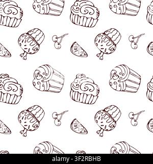 Hand drawn cupcake and fruit pattern with muffin and cherry, citrus. Bakery sweet dessert, outline pattern on white background. Vintage cupcake texture, sweet pastry background. Vector sketch illustration. Stock Vector