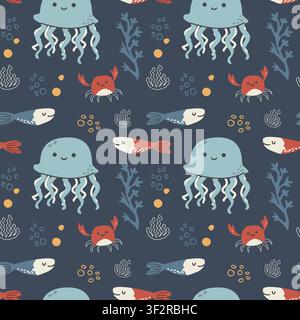 Cute tropical jellyfish and crab seamless pattern in doodle scandinavian style. Hand drawn vector illustration of sea creatures and plants, corals, underwater inhabitants. Kids nursery pattern. Stock Vector