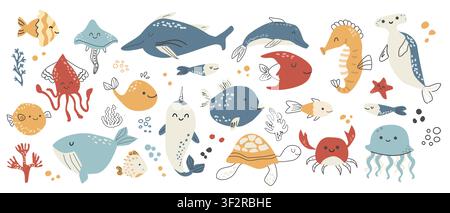 Set of hand drawn doodle ocean animals and plants. Sea creatures and elements in cartoon doodle scandinavian style. Underwater elements and turtle, seahorse, whale and crab, other inhabitants. Stock Vector