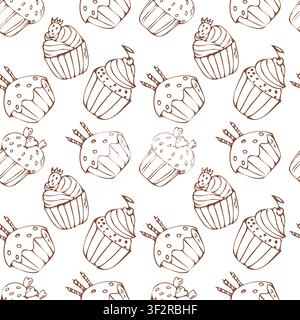 Hand drawn cupcake birthday pattern with muffin and strawberry, candles, cherry. Bakery sweet dessert, outline pattern on white background. Vintage cupcake texture, sweet pastry background. Vector sketch illustration. Stock Vector