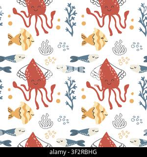 Cute red jellyfish seamless pattern in doodle scandinavian style. Hand drawn vector illustration of sea creatures and plants, corals, underwater inhabitants. Kids nursery pattern. Stock Vector
