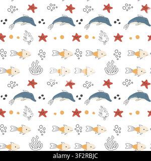 Seamless pattern with dolphin and starfish with doodle elements. Sea animal doodle print for textile, fabric print. Stock Vector