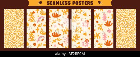 Collection of organic coral seamless posters. Abstract repeated vertical compositions. Stock Vector
