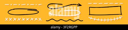 Black and white color crayon scribble lines, rectangle, arrow, on yellow background. Stock Vector