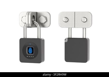 Biometric Security, Identity Verification, Access Control And Digital Privacy Concept. Front And Rear Views Of A Smart Fingerprint Padlock On White Ba Stock Photo