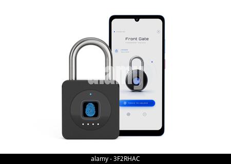 Smart Home Security, Mobile Access, Biometric Authentication, Remote Lock Control And Digital Privacy Concept. Fingerprint Padlock With Smartphone App Stock Photo