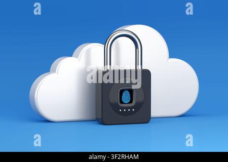 Cloud Security, Biometric Authentication, Data Protection, Digital Privacy And Secure Storage Concept. Fingerprint Padlock In Front Of White Cloud On Stock Photo