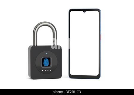 Mobile Security, Biometric Authentication, Digital Privacy, Secure Access And Data Protection Concept. Fingerprint Padlock Beside Smartphone With Blan Stock Photo