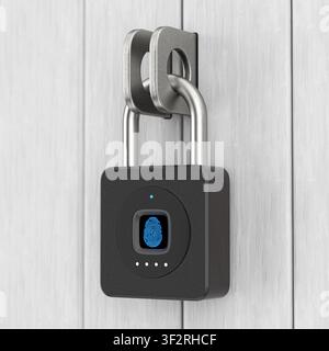 Biometric Security, Keyless Access, Identity Authentication, Smart Home Privacy, Property Protection And Control Concept. Black Fingerprint Padlock On Stock Photo