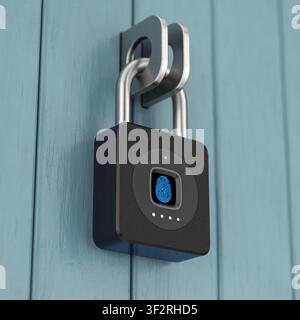 Biometric Security, Keyless Access, Identity Authentication, Property Protection And Smart Home Privacy Concept. Fingerprint Padlock Securing Blue Woo Stock Photo
