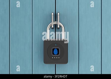 Biometric Security, Keyless Access, Identity Authentication, Property Protection And Smart Home Privacy Concept. Fingerprint Padlock Securing Blue Woo Stock Photo