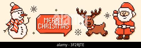 Pixel art Holiday elements. Santa Claus, snowman, reindeer and Merry Christmas speech bubble. Stock Vector