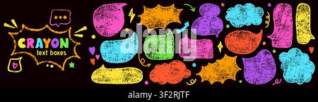 Pack of colorful crayon text boxes. Hand drawn Irregular speech bubbles. Stock Vector