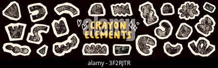 Kid crayon color abstract sticker pack. Different hand drawn child shape with chalk texture. Stock Vector