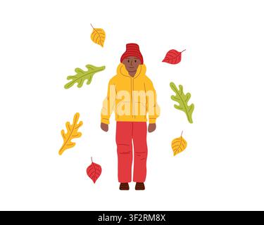 Autumn walk. Boy in jacket and pants surrounded by fallen leaves. Vector illustration for autumn poster, or family lifestyle blog. Stock Vector