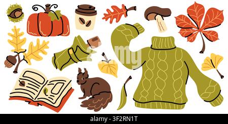 Cozy autumn reading and knitted sweater hand drawn vector set Stock Vector