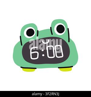 Adorable green frog alarm clock showing six oclock morning time, isolated on white background. Cute wake up timer vector doodle illustration for kids. Stock Vector
