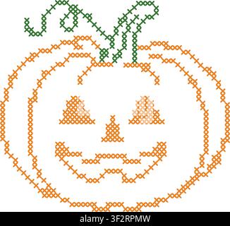 Cross stitch halloween pumpkin element. Spooky embroidery folk art clip art. Orange jack o'lantern motif for digital crafting and seasonal holiday gra Stock Vector