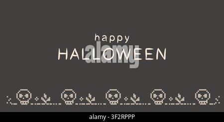 Happy Halloween cross stitch embroidery seamless banner or greeting card. Vintage pixelated needlework folk art background with handmade spooky skull Stock Vector