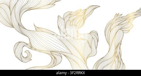 Gold Floral Line Art Pattern With Chrysanthemums On Navy For Textile 