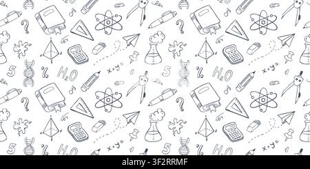 School seamless pattern with hand drawn doodle illustrations. Vector background with sketch style education symbols. Stock Vector
