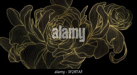 Luxury vector peony floral pattern with gold line flowers and elegant leaves on a dark background. Chinese illustration, vintage art deco style Stock Vector
