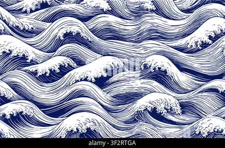 waves of dark blue with white foam, sketch. Vector illustration. Seamless pattern of the sea or ocean, isolated on a white background. For prints on t Stock Vector