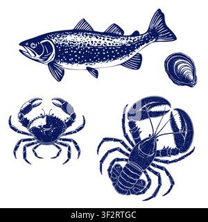 Crab and lobster with claws, trout and oysters. Vector illustration. Drawing of an ocean dweller is isolated on a white background. Seafood, restauran Stock Vector