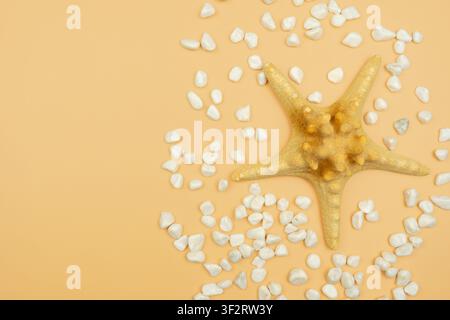 Golden starfish with white pebbles on a pastel beige background with copy space Stock Photo