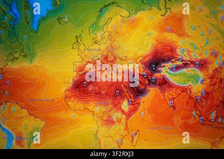 Global weather map displaying severe heatwave anomalies in deep red and orange across Europe, Africa, and Asia, clearly illustrating the critical issu Stock Photo