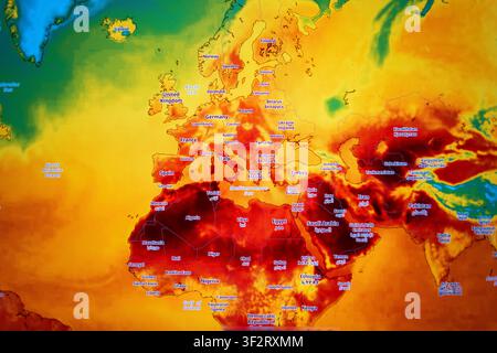 digital heat map visualization shows extreme high temperatures across Europe and North Africa, with deep red areas illustrating abnormal heat, a direc Stock Photo