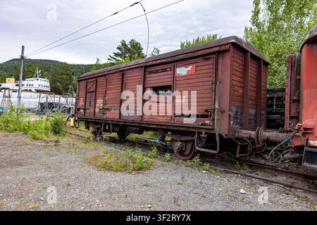 Tinnoset stasjon, Norway. Rusty freight wagon rests on abandoned tracks. Overgrown weeds surround weathered wooden sides. Cloudy sky looms above dista Stock Photo