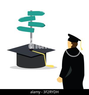 Graduate standing beside a graduation cap with directional signpost, symbolizing career choices, education, future planning, academic success, and pro Stock Vector