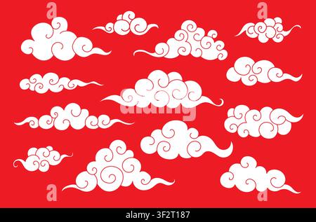 Oriental Asian clouds decorative motif featuring traditional symbol Japan, Korea, and Thailand vector illustration set. Stock Vector