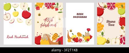 Four Rosh Hashanah greeting cards with apples, honey, pomegranates, bees, shofar, and flowers Stock Vector