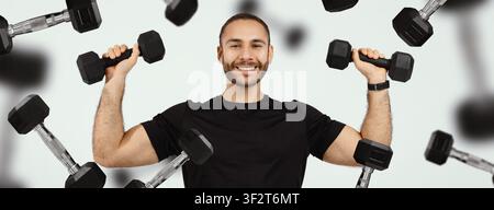 Smiling Man Lifting Dumbbells In Gym, Fitness And Strength Training Concept Stock Photo