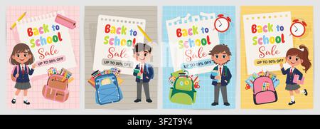 Back to school sale banners set, school children in uniform with backpacks and supplies vector illustration Stock Vector
