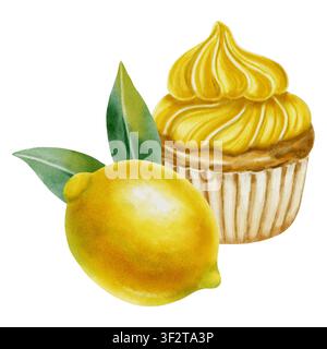 Watercolor lemon cupcake with yellow icing, green leaves, and a slice of fresh lemon. Sweet dessert illustration for menu and bakery design, packaging Stock Photo