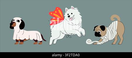 Cute cartoon dogs dressed up in spooky Halloween costumes on a light gray background. Festive flat vector illustration Stock Vector